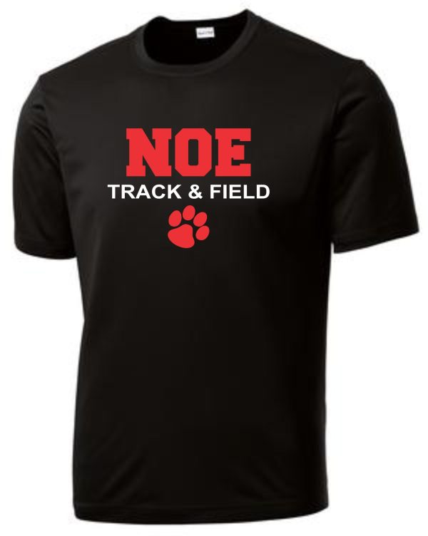 Noe Middle School Short Sleeve Moisture wicking PAW ST350 with "noe track & field" text and a red paw print design on the front.