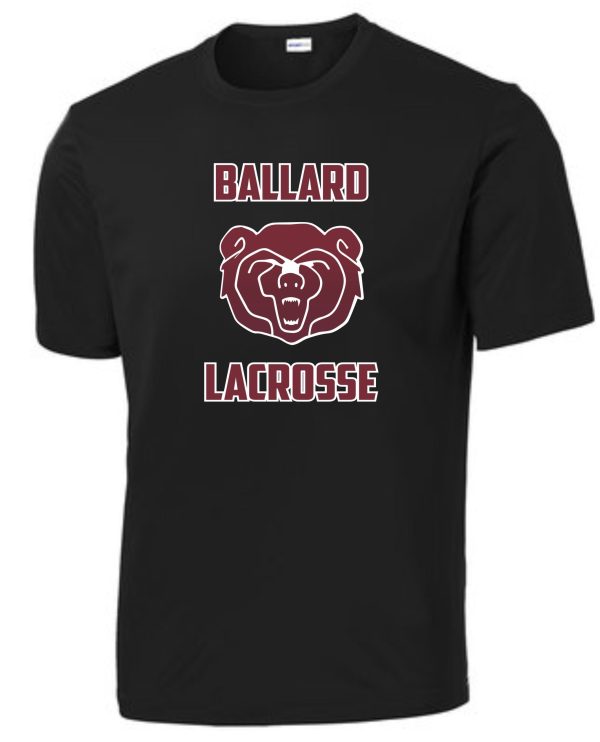 Ballard Lacrosse moisture wicking T shirt ST350/YST350 with "ballard lacrosse" text and a bear mascot logo in maroon and white colors.