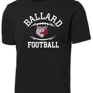 Ballard Football moisture wicking T shirt ST350/YST350 with "ballard football" text and a graphic of an aggressive bear face in white and gray.