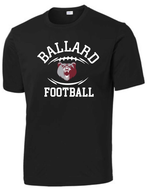 Ballard Football moisture wicking T shirt ST350/YST350 with "ballard football" text and a graphic of an aggressive bear face in white and gray.