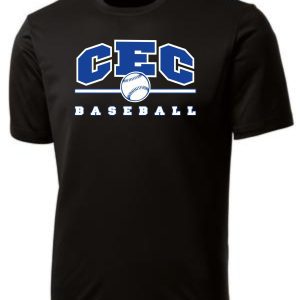 CEC Baseball moisture wicking black t-shirt ST350/YST350 featuring a baseball graphic and blue and white lettering.