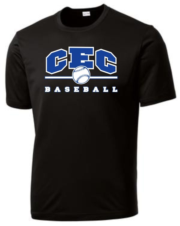 CEC Baseball moisture wicking black t-shirt ST350/YST350 featuring a baseball graphic and blue and white lettering.