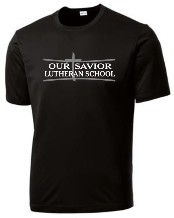 OSLS youth moisture wicking Tshirt YST350 featuring the white text "our savior lutheran school" with a graphic of a cross above the text.