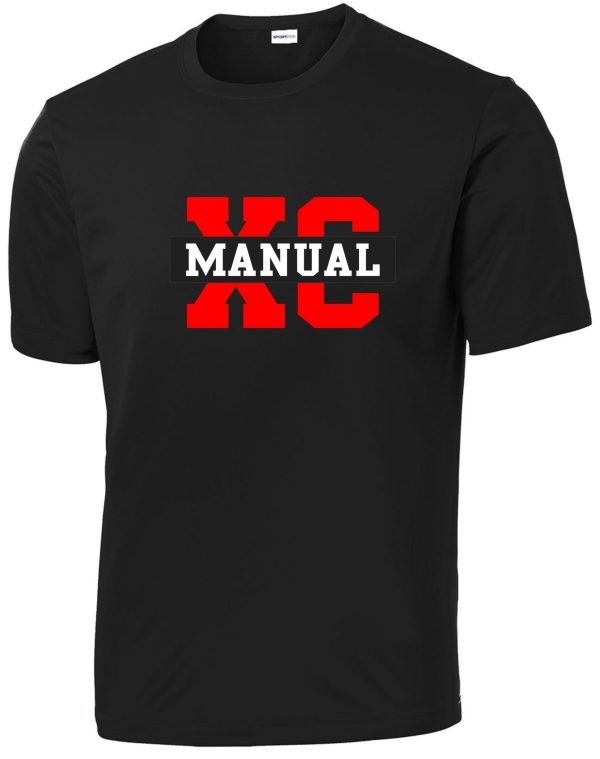 Black t-shirt with the red and white "Manual Cross Country ADULT" logo printed across the chest.