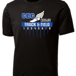 CEC Track moisture wicking black t-shirt ST350/YST350 with "cec cougars track & field" logo featuring a winged shoe and blue numbered track lanes.