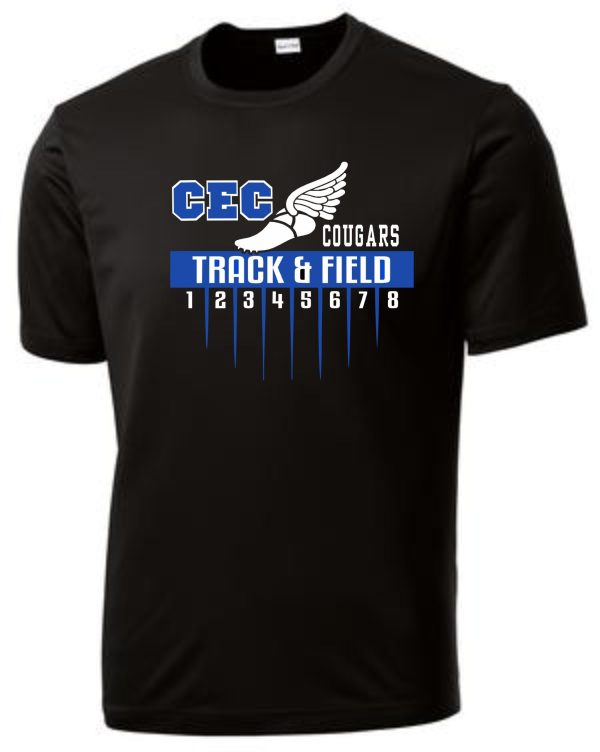 CEC Track moisture wicking black t-shirt ST350/YST350 with "cec cougars track & field" logo featuring a winged shoe and blue numbered track lanes.