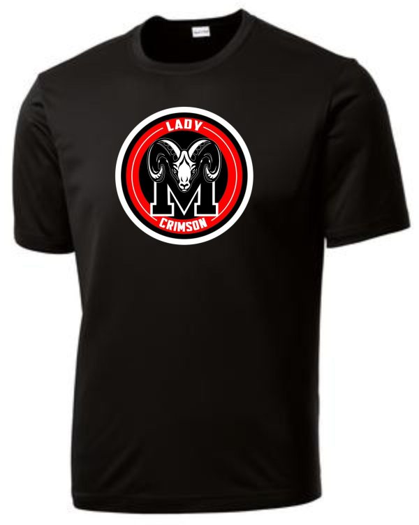 Manual Lady Crimson Soccer LOGO moisture wicking t-shirt ST350 featuring a logo with the text "lady m crimson" and a stylized ram's head in a red and black circle.