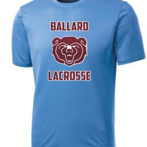 Blue Ballard Lacrosse moisture wicking T shirt ST350/YST350 with bear face logo in red and brown colors.