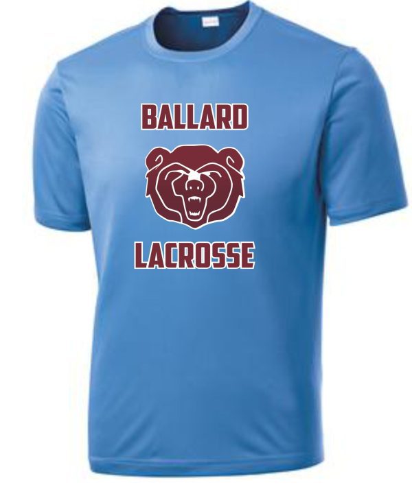 Blue Ballard Lacrosse moisture wicking T shirt ST350/YST350 with bear face logo in red and brown colors.