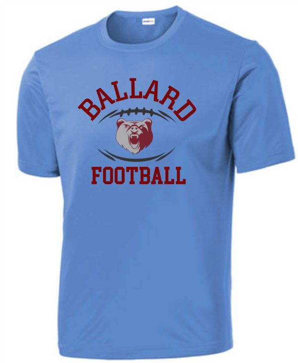 Blue Ballard Football moisture wicking T shirt ST350/YST350 with a graphic of a fierce bear face under arced text.