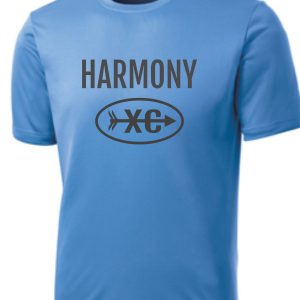 Harmony XC Columbia Blue moisture wicking t-shirt ST350/YST350 with the word "harmony" and a logo featuring "xc" inside an oval on the chest.