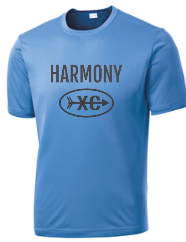 Harmony XC Columbia Blue moisture wicking t-shirt ST350/YST350 with the word "harmony" and a logo featuring "xc" inside an oval on the chest.