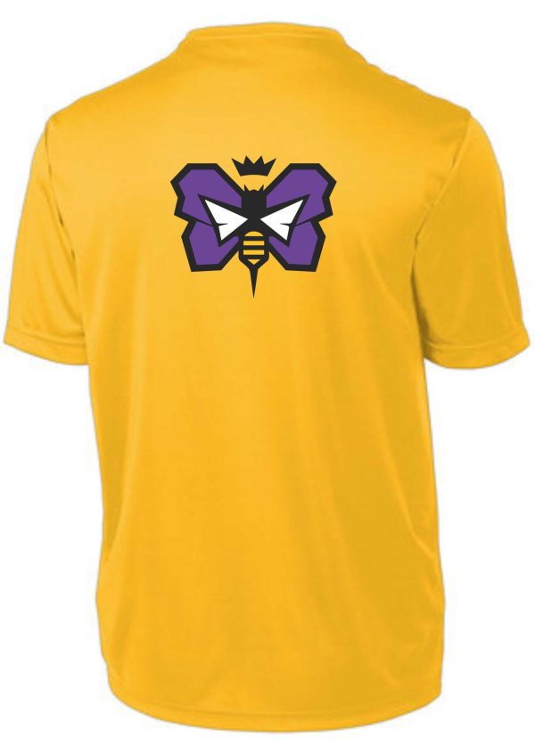 Yellow shirt with purple butterfly logo.