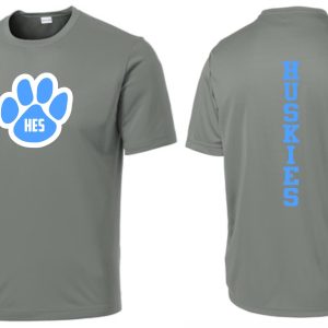 Gray Harmony XC t-shirt with a blue and white "HES" paw print logo on the front and the word "huskies" printed vertically down the back.