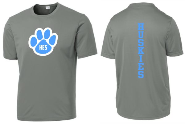 Gray Harmony XC t-shirt with a blue and white "HES" paw print logo on the front and the word "huskies" printed vertically down the back.