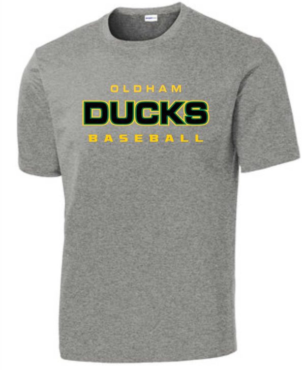 Gray t-shirt with Oldham Ducks baseball logo.