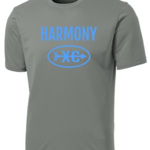 Harmony XC Gray Concrete moisture wicking t-shirt ST350/YST350 with the word "harmony" and a blue oval logo with "xc" inside on the chest.