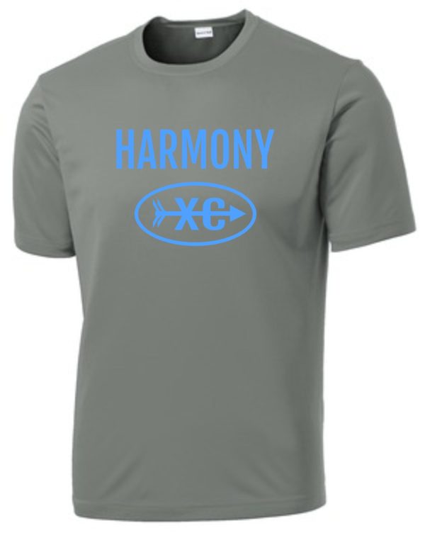 Harmony XC Gray Concrete moisture wicking t-shirt ST350/YST350 with the word "harmony" and a blue oval logo with "xc" inside on the chest.