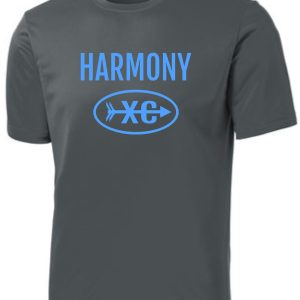 Harmony XC Iron Gray moisture wicking t ST350/YST350 with the word "harmony" and a blue logo featuring "xc" inside an oval, printed on the front.