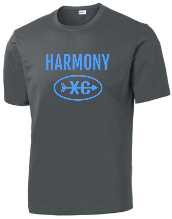 Harmony XC Iron Gray moisture wicking t ST350/YST350 with the word "harmony" and a blue logo featuring "xc" inside an oval, printed on the front.