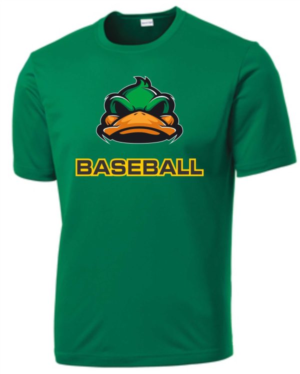 Green baseball jersey with duck logo.