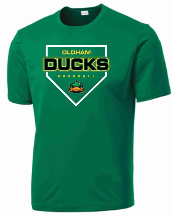 Green t-shirt with Oldham Ducks logo.