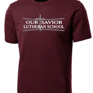 OSLS youth moisture wicking Tshirt YST350 with "our savior lutheran school" text and a cross graphic in white on the chest.