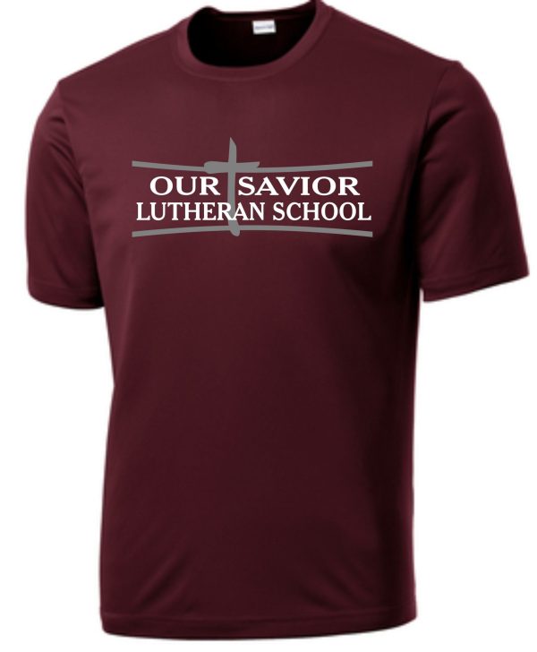 OSLS youth moisture wicking Tshirt YST350 with "our savior lutheran school" text and a cross graphic in white on the chest.