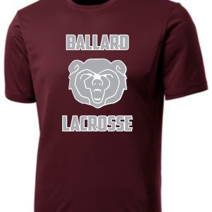 Maroon Ballard Lacrosse moisture wicking T-shirt featuring a roaring bear's head graphic in white on the front.