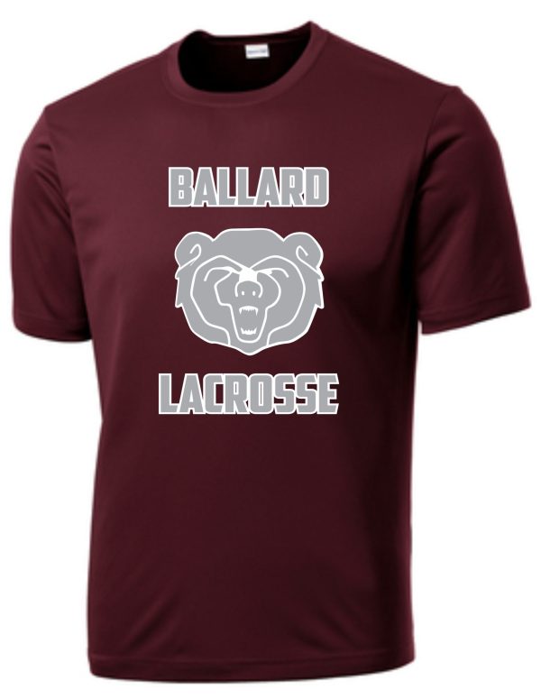 Maroon Ballard Lacrosse moisture wicking T-shirt featuring a roaring bear's head graphic in white on the front.