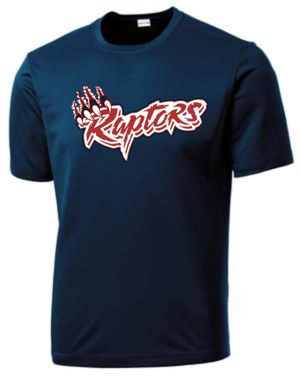 Navy blue t-shirt with "Raptors" logo.