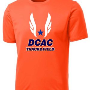 Derby City AC Moisture wicking neon orange t-shirt with "dcac track & field" logo featuring a blue star and white wings on the chest.