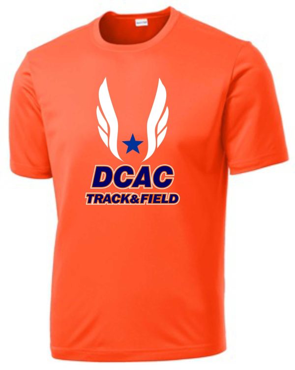 Derby City AC Moisture wicking neon orange t-shirt with "dcac track & field" logo featuring a blue star and white wings on the chest.