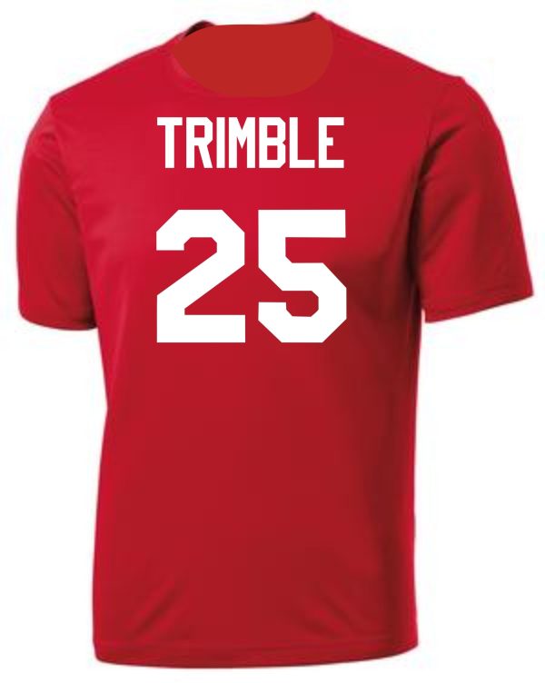 Red jersey with Trimble and number 25.