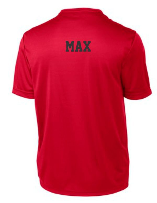 Back view of an Immaculata Red T shirt left chest print G8000 with the name "max" printed in large white letters across the upper back.