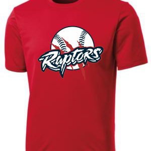 Red t-shirt with Raptors baseball logo.