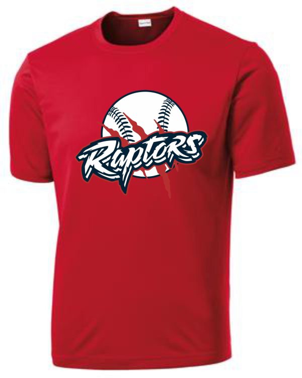 Red t-shirt with Raptors baseball logo.