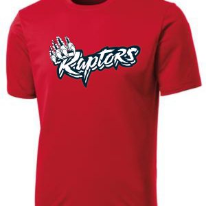 Red t-shirt with Raptors logo.