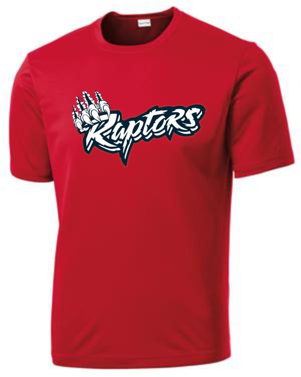 Red t-shirt with Raptors logo.