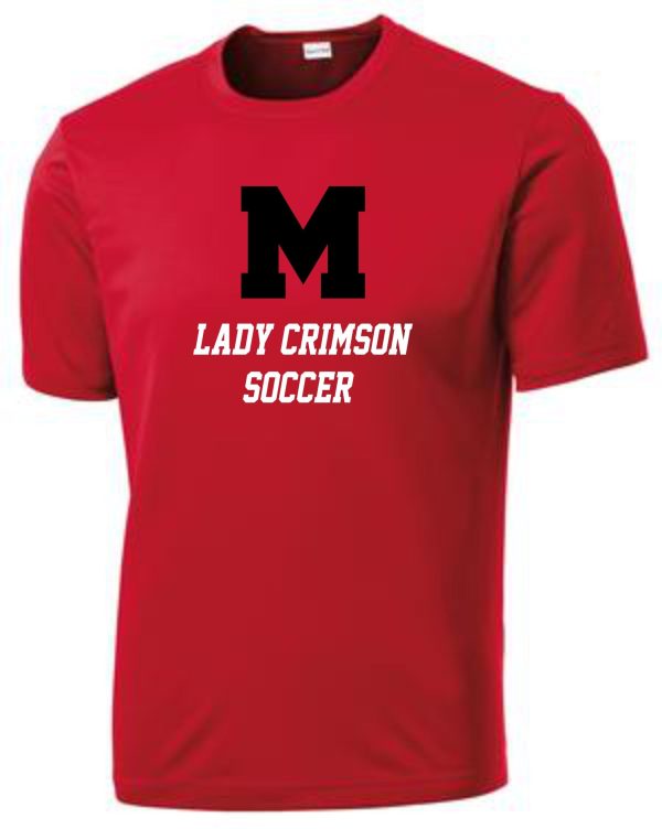 Manual Lady Crimson Soccer LETTERS moisture wicking tshirt ST350 with a black "m" and the words "lady crimson soccer" printed on the front in black lettering.