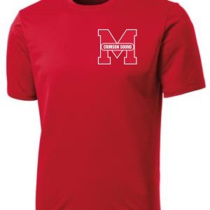 Manual Marching Band moisture wicking t-shirt ST350 with a white letter "m" and the words "crimson sound" printed in the center.