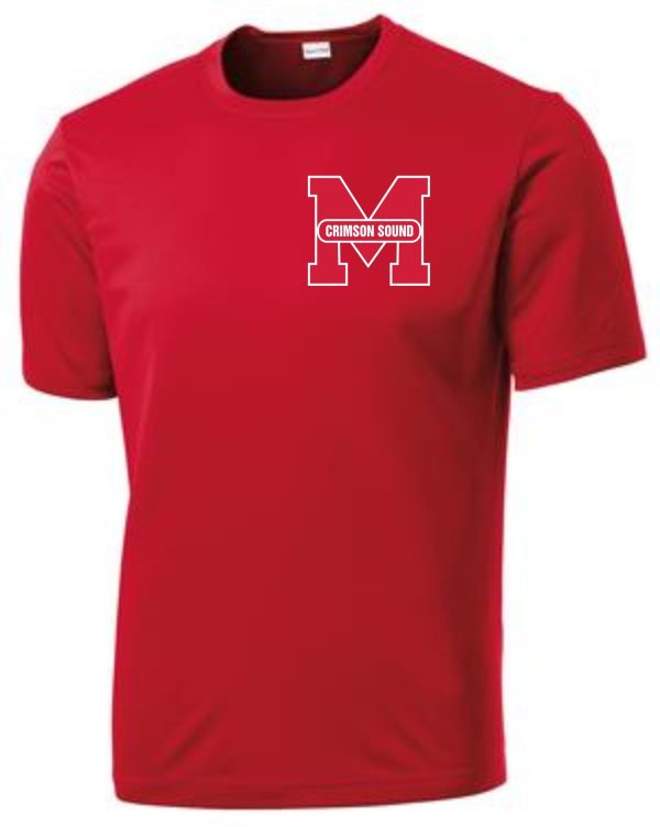 Manual Marching Band moisture wicking t-shirt ST350 with a white letter "m" and the words "crimson sound" printed in the center.