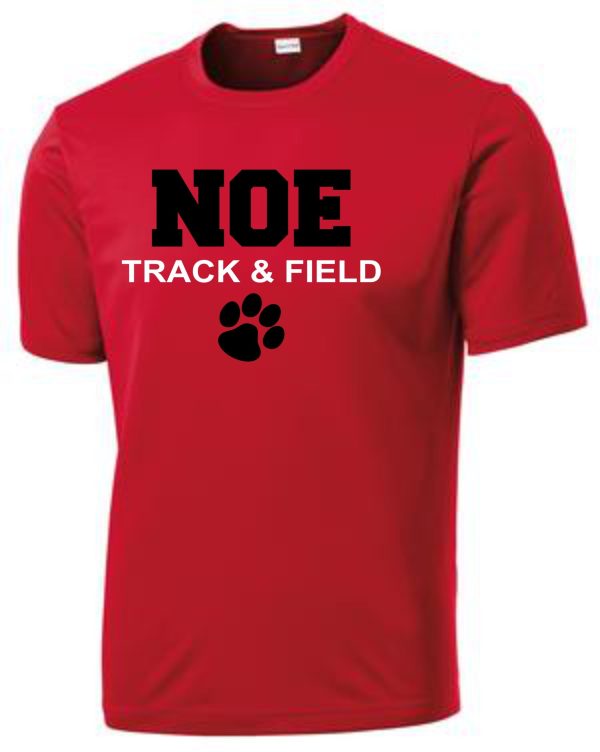 Red Noe Middle School Short Sleeve Moisture wicking PAW ST350 with "noe track & field" text and a paw print graphic in black on the front.