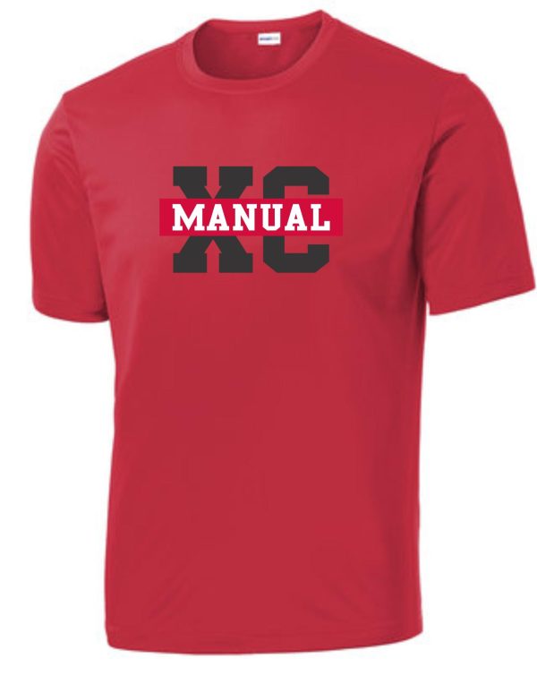 Red Manual Cross Country ADULT moisture wicking t-shirt ST350 with the word "manual" printed in bold gray letters across the chest.