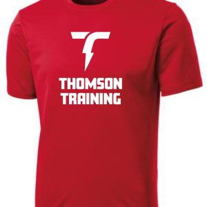 Thomson Training Moisture wicking t ST350 with a white logo on the left chest and "thomson training" text across the front.