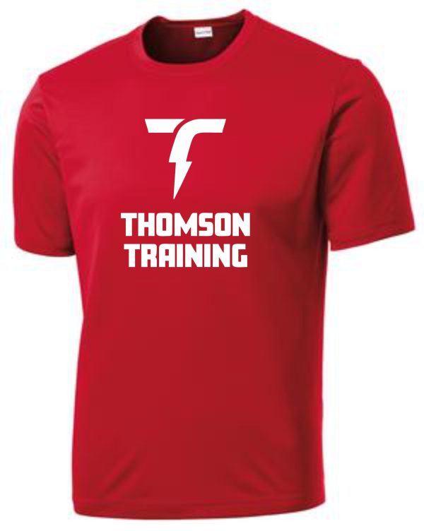 Thomson Training Moisture wicking t ST350 with a white logo on the left chest and "thomson training" text across the front.