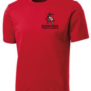 Immaculata Red moisture wicking T shirt left chest print ST350 with the "immaculata classical academy" logo featuring a knight holding a shield and a sword.