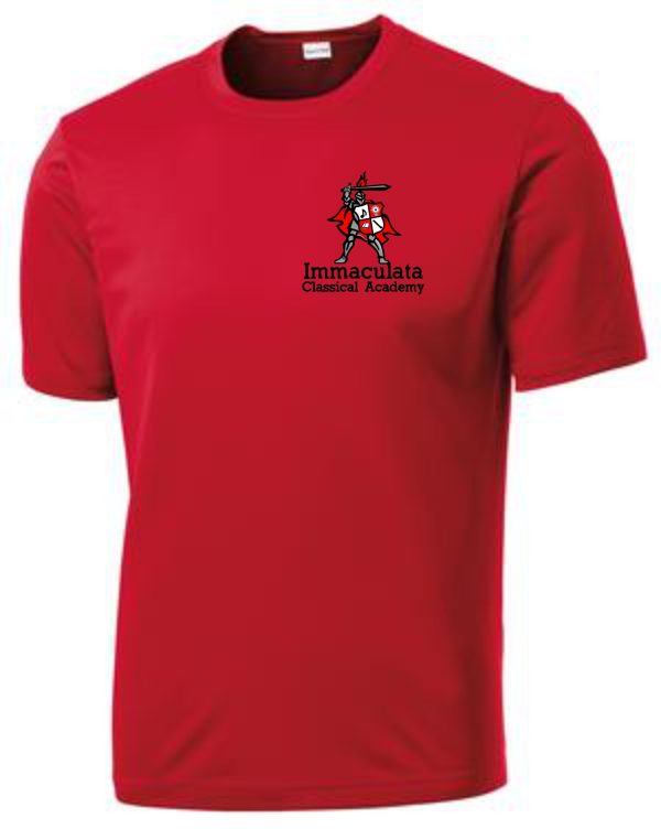 Immaculata Red moisture wicking T shirt left chest print ST350 with the "immaculata classical academy" logo featuring a knight holding a shield and a sword.