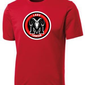 Manual Lady Crimson Soccer LOGO moisture wicking t-shirt featuring a black and white 'lady m crimson' logo with a stylized ram's head in the center.