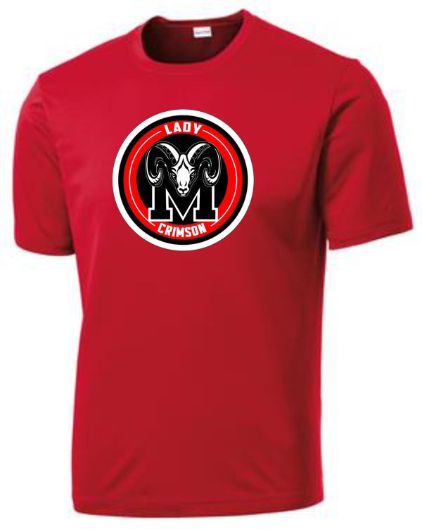 Manual Lady Crimson Soccer LOGO moisture wicking t-shirt featuring a black and white 'lady m crimson' logo with a stylized ram's head in the center.